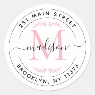 Elegante Roze Monogram Wreath Retouradres Ronde Sticker