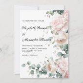 Elegante roze munt eucalyptus pioen bloemenbruilof kaart (Voorkant)