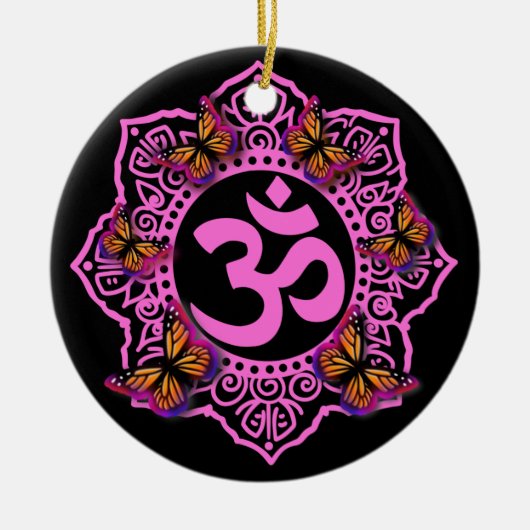 Elegante roze ohm mandala design vlinders keramisch ornament (Voorkant)