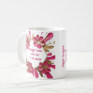 Elegante Roze Oma Karikatuur met Gold Splatter Koffiemok