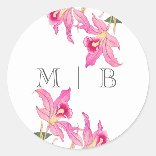 Elegante Roze Orchidee Bloeit Initialen Monogram Ronde Sticker (Voorkant)
