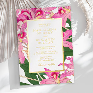 Elegante Roze Orchidee Bloesems Tropisch Bloemstuk Folie Uitnodiging