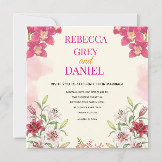 Elegante Roze Orchidee en Lelie Bloemen Uitnodigin Kaart