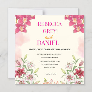 Elegante Roze Orchidee en Lelie Bloemen Uitnodigin Magnetische Uitnodiging