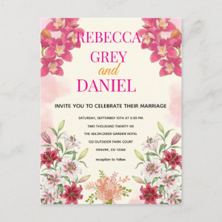 Elegante Roze Orchidee en Lelie Bloemen Uitnodigin Uitnodiging Briefkaart