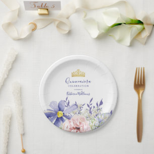 Elegante roze Paarse bloemen gouden kroon Quinceañ Papieren Bordje