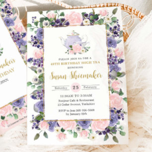 Elegante Roze & Paarse Bloemige Theepartij Verjaar Kaart