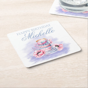 Elegante Roze Paarse Gelukkige Verjaardag Theepart Vierkante Kartonnen Onderzetter