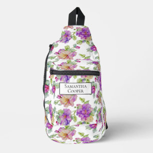 Elegante roze paarse waterverf bloemen personalise sling bag