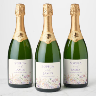 Elegante Roze Paarse Wilde Bloemenwei Huwelijk Sparkling Wijnetiket