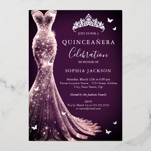 Elegante Roze Paarse Zilveren Vlinder Quinceanera Folie Uitnodiging (Voorkant)