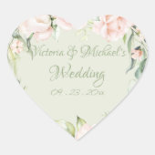 Elegante Roze & Pastelgroene Bloemige Bruiloft  Hart Sticker (Voorkant)