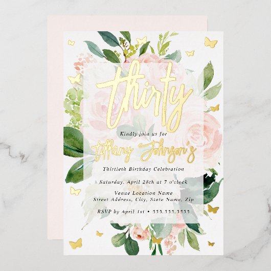 Elegante roze perzik bloei 30e folie uitnodiging (Voorkant / Achterkant)