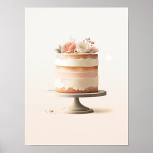 Elegante Roze Perzik Bloem Cake Keuken Bakkerij Poster