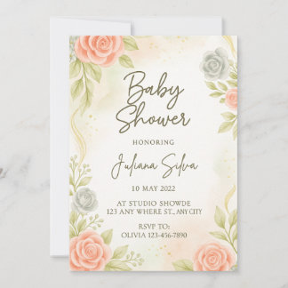 Elegante Roze Perzik Bloemige Baby Shower Uitnodig Kaart