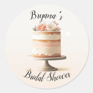Elegante Roze Perzik Bloemrijke Cake Bruidsdouche Ronde Sticker