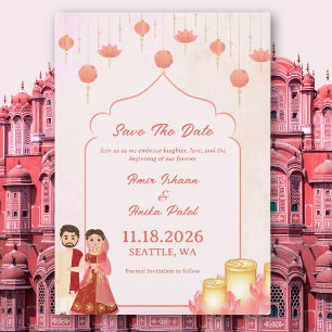 Elegante Roze Perzik Lotus Lantaarns Bruiloft Save The Date