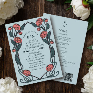 Elegante Roze Pioen Art Nouveau QR Code Bruiloft Kaart