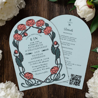 Elegante Roze Pioen Art Nouveau Trouwboog QR  Kaart