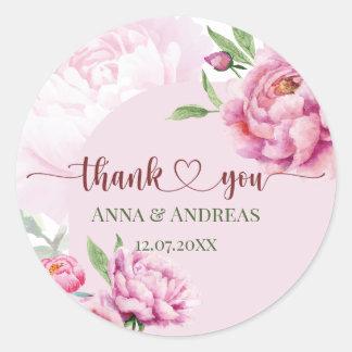 Elegante Roze Pioen Bedankt Ronde Sticker