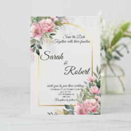 Elegante Roze Pioen Bloemen Bewaar De Datum Kaart