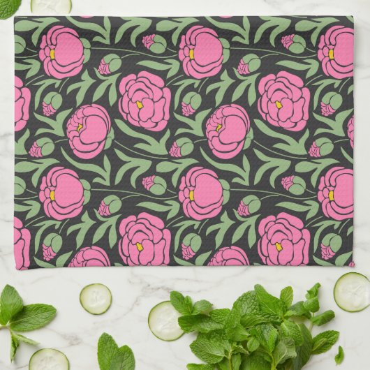 Elegante roze pioen bloemen theedoek (Gevouwen)