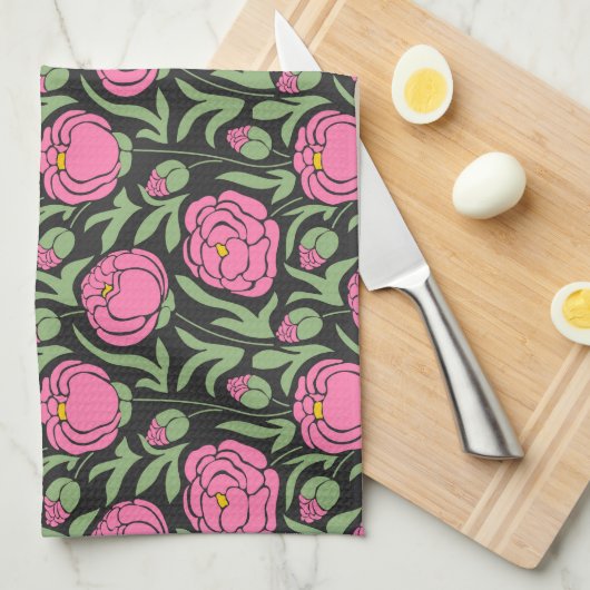 Elegante roze pioen bloemen theedoek (Quarter Fold)