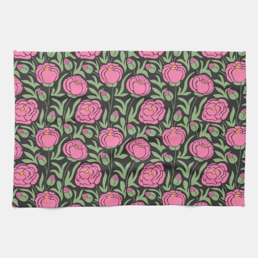 Elegante roze pioen bloemen theedoek (Horizontaal)