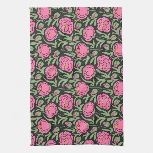 Elegante roze pioen bloemen theedoek (Verticaal)