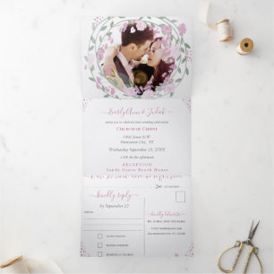 Elegante Roze Pioen Bloemige Bruiloft Drieluik Uitnodiging