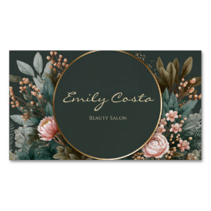 Elegante Roze Pioen Botanische Donker Teal Gouden Magnetisch Visitekaartje