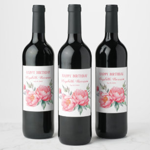 Elegante roze pioen botanische verjaardag brunch wijn etiket