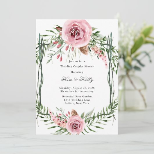 Elegante roze pioen varen bruiloft koppels douche kaart (Staand voorkant)