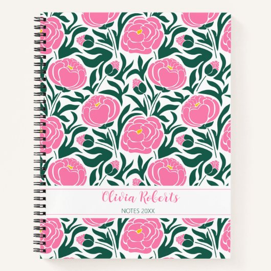 Elegante roze pioenbloemen gepersonaliseerd notitieboek (Voorkant)