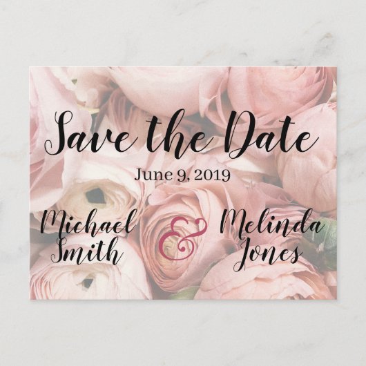 Elegante Roze Pioenbruiloft Save the Date Briefkaart (Voorkant)