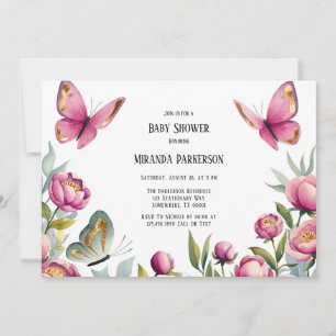 Elegante roze pioenen & vlinder meisje Baby shower Kaart