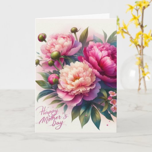 Elegante Roze Pioenroos Moederdag Bloemen Kaart (Gele Bloem)