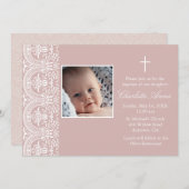 Elegante Roze Pruim & Witte Damask Doop Uitnodigen Kaart (Voorkant / Achterkant)