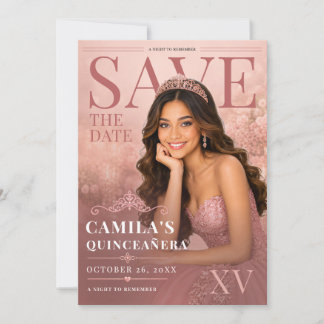 Elegante Roze Quinceanera Bewaar de Datum Verjaard Kaart