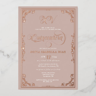 Elegante Roze Quinceañera Roze Goud Folie Uitnodiging