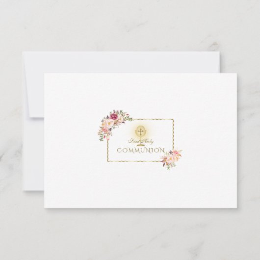 Elegante roze rode bloemen gouden Eerste Heilige C Bedankkaart (Achterkant)