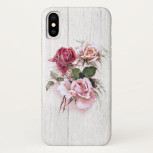 Elegante Roze & Rode Rozen op witgekalkt hout iPhone X Hoesje