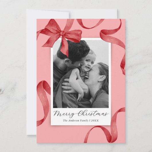 Elegante roze rode strik Foto Kerstmis Feestdagenkaart (Voorkant)