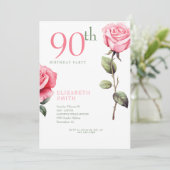 Elegante Roze Roos 90ste verjaardag Uitnodiging (Staand voorkant)