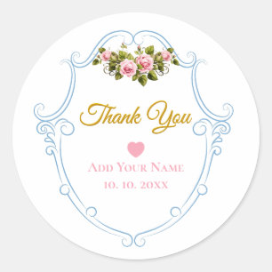 Elegante Roze Roos Bloem en Hart Bedankt Ronde Sticker