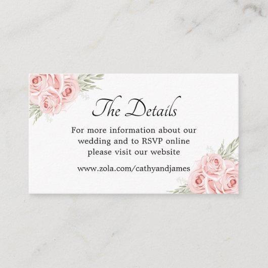 Elegante Roze Roos Bloemdetails Bruiloft Informatiekaartje (Voorkant)