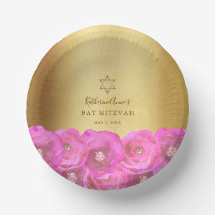 Elegante Roze Roos Bloemrijke Gouden Bat Mitswa Papieren Kommen