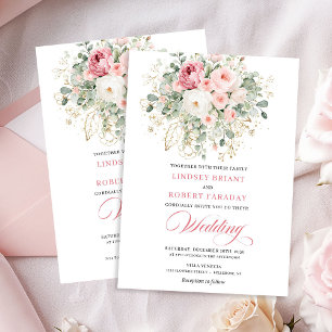 Elegante Roze Roos Boho Bloemige Trouwuitnodiging Kaart