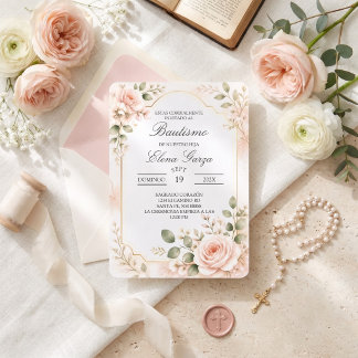 Elegante Roze Roos Botanische Doop Kaart