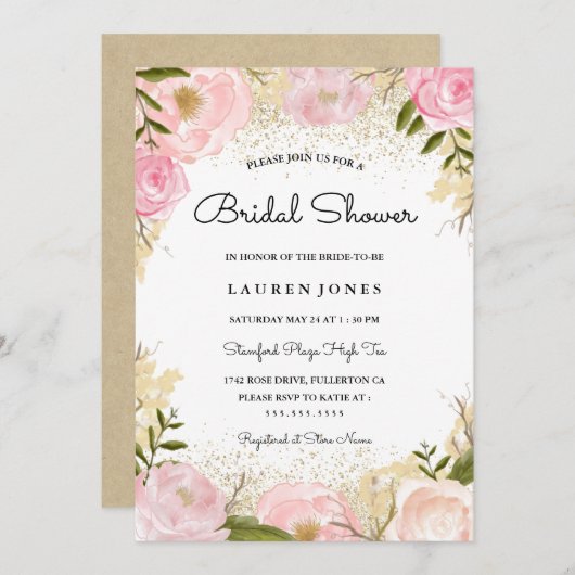 Elegante roze roos bruids douche uitnodiging (Voorkant / Achterkant)